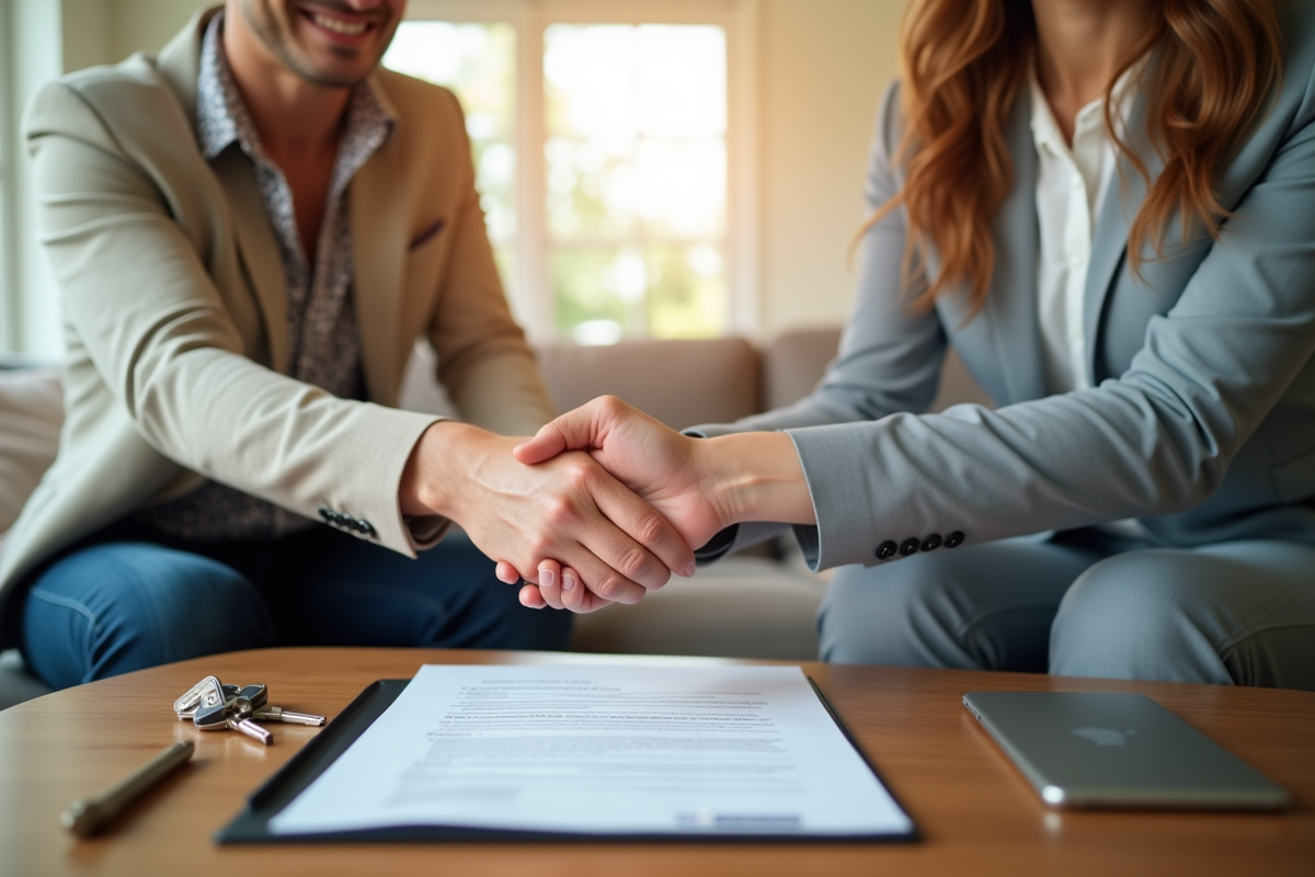 Couple souriant serrant la main d'un agent immobilier dans un salon lumineux