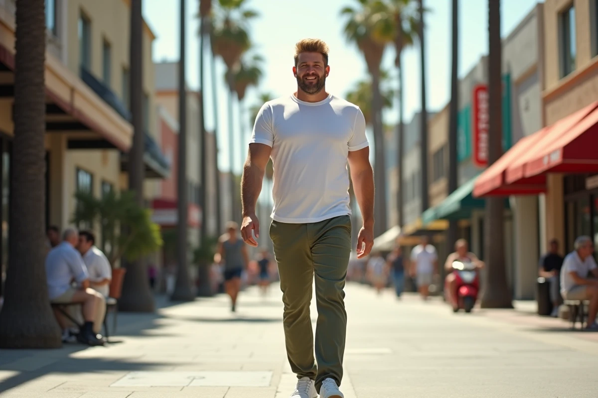 Acteur américain athlétique marchant dans une rue ensoleillée de Los Angeles entre palmiers et boutiques