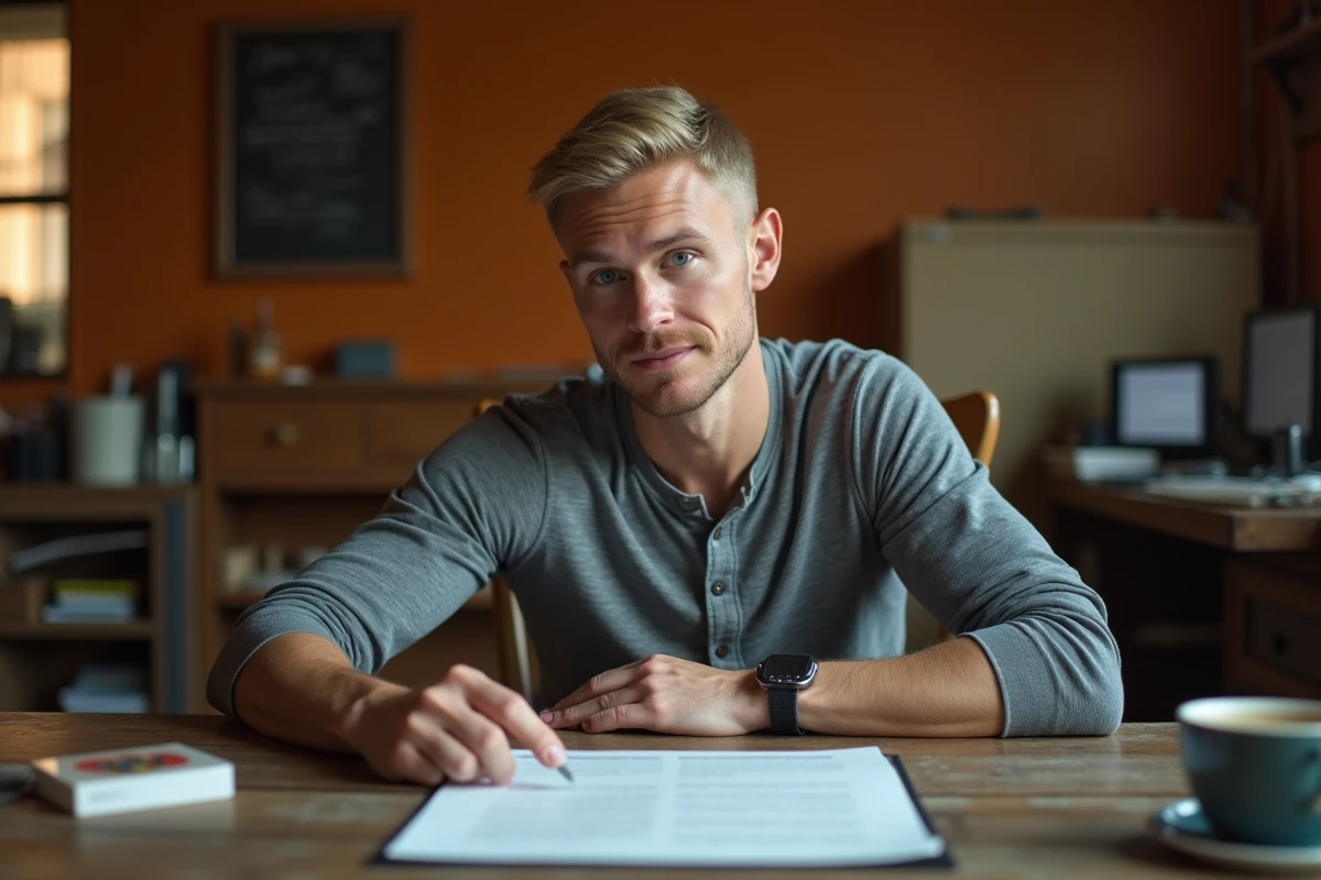 Acteur blond consulte un script dans les coulisses d'un tournage, ambiance naturelle et authentique