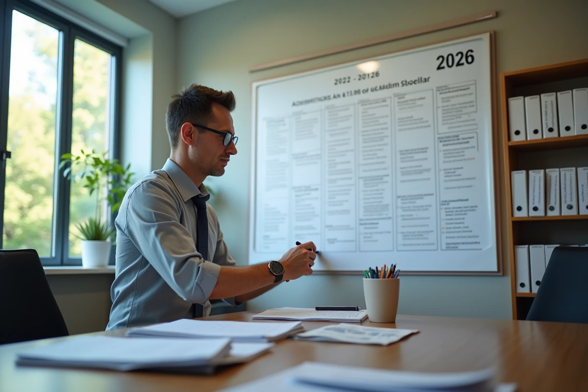 Administrateur scolaire annotant un calendrier 2026 dans un bureau