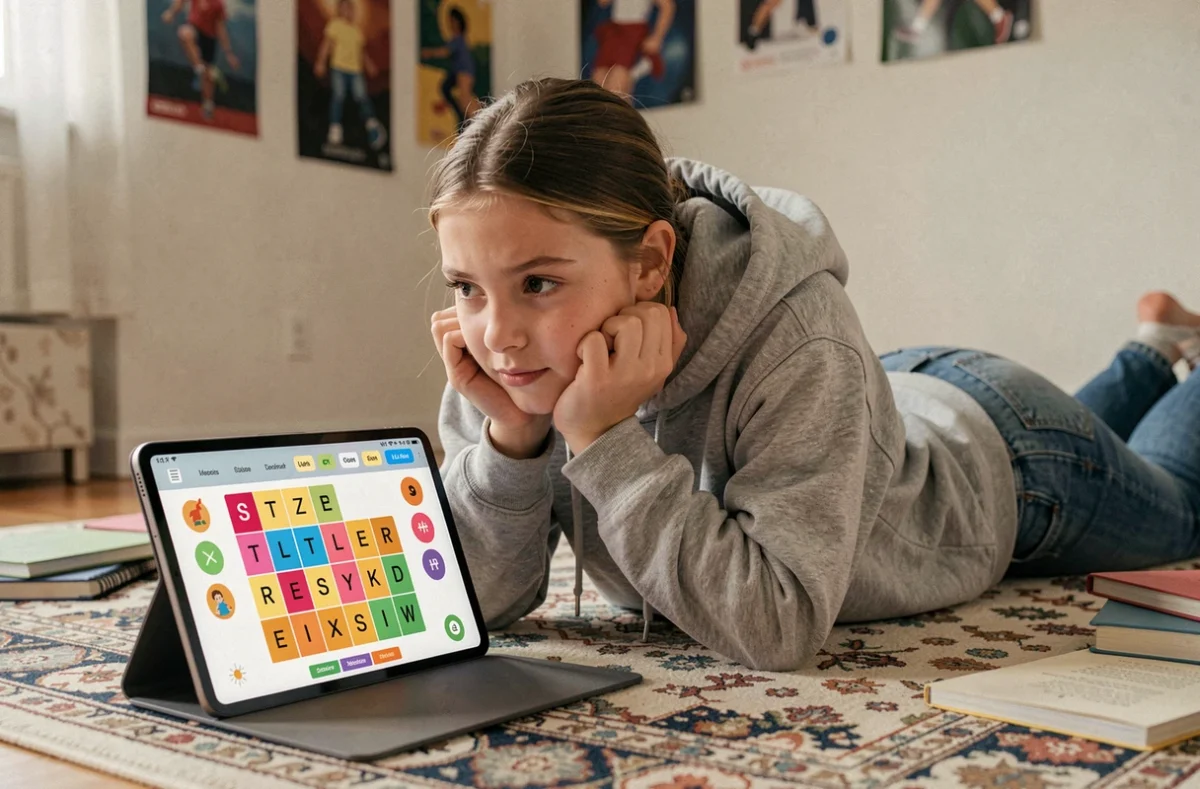 Adolescente jouant à un jeu de mots type Codycross sur tablette dans sa chambre