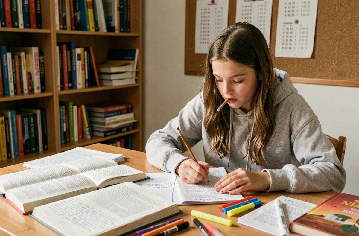Adolescente révisant la conjugaison du passé composé et de l'imparfait sur ses cahiers de français