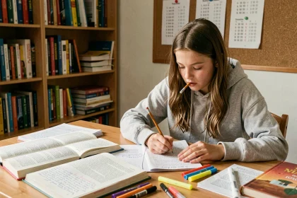 Adolescente révisant la conjugaison du passé composé et de l'imparfait sur ses cahiers de français