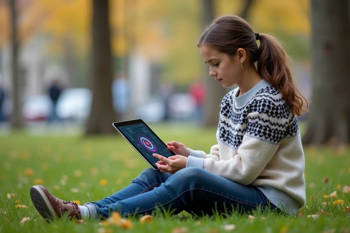 Adolescente utilisant une tablette avec infographie physique quantique