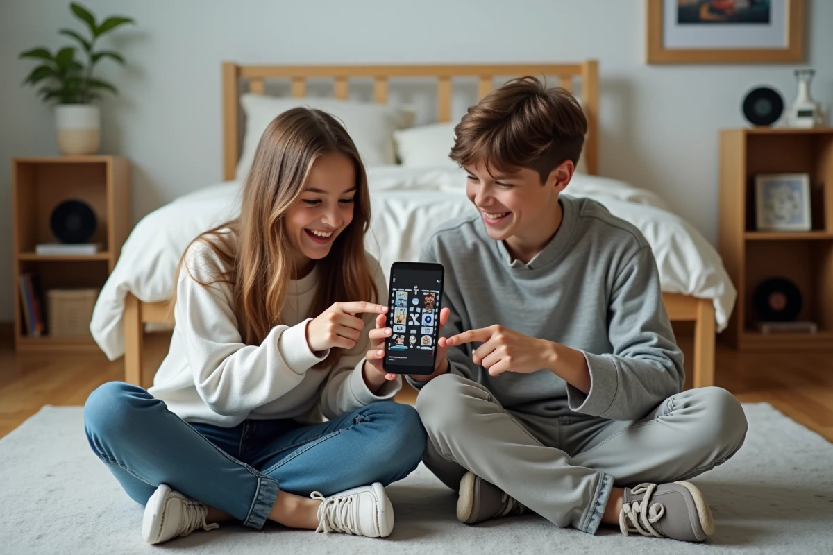 Deux adolescents jouant ensemble au jeu 4 images un mot sur smartphone dans une chambre
