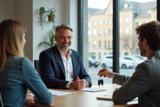 Agent immobilier souriant remettant des clés à un couple dans un bureau moderne