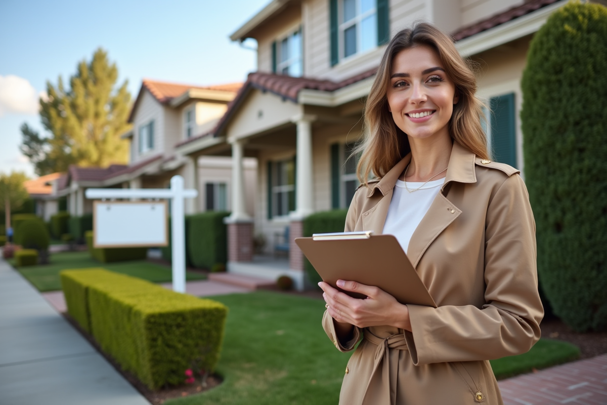 Agent immobilier devant une maison en banlieue avec panneau a vendre