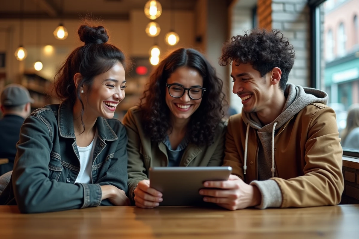 Trois amis souriants dans un café urbain avec tablette