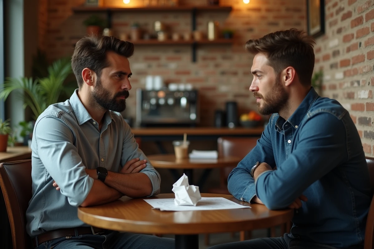Deux amis face à face dans un café, tension palpable illustrant une trahison et une confiance brisée