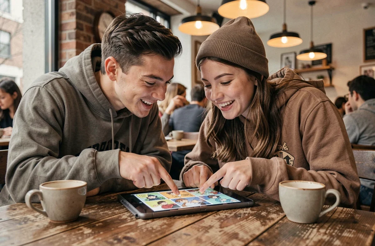 Deux amis discutant du scan One Piece 1141 en version française sur une tablette dans un café