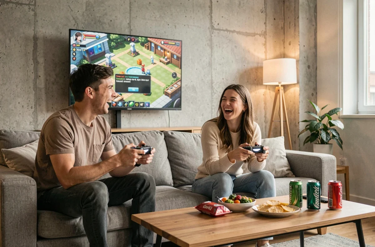 Deux amis jouant ensemble à Anime Last Stand sur console avec un écran affichant la saisie d'un code exclusif