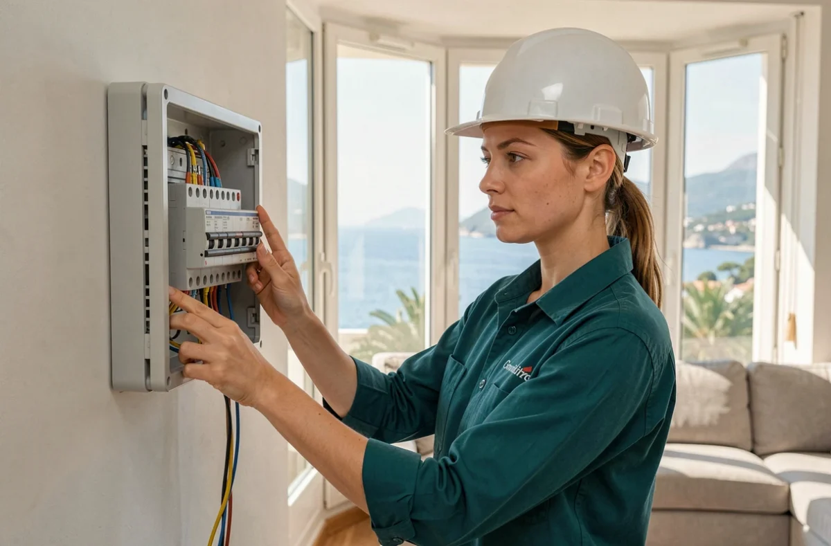 Électricienne d'Ang'Elec installant un tableau électrique connecté dans une maison contemporaine avec vue sur la mer