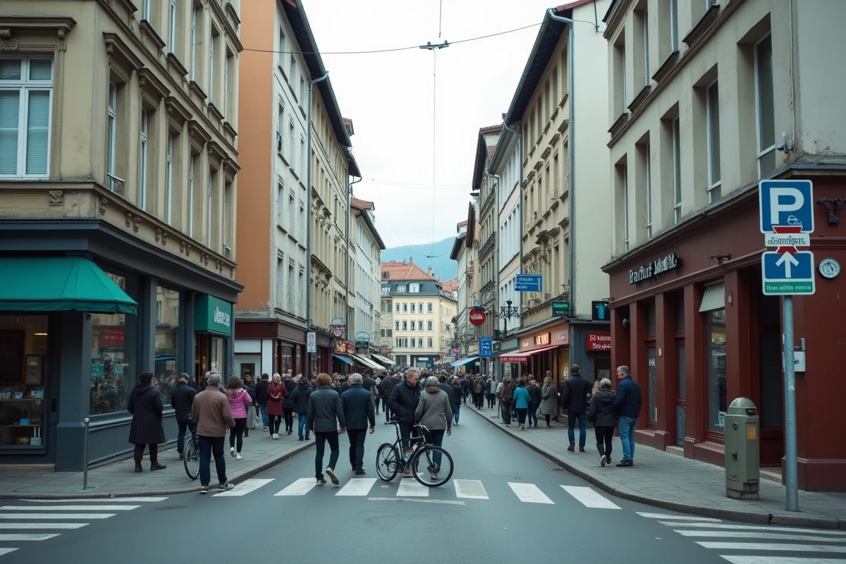 Rue d'Annemasse près de la frontière suisse avec immeubles des années 1970, piétons divers et façades commerciales hétérogènes