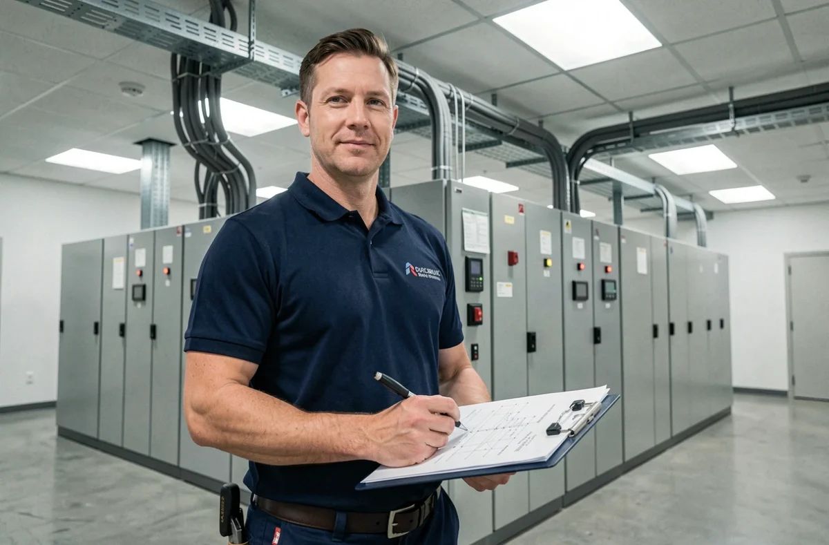 Technicien d'Aquitaine Electric devant un tableau électrique dans un bâtiment tertiaire professionnel
