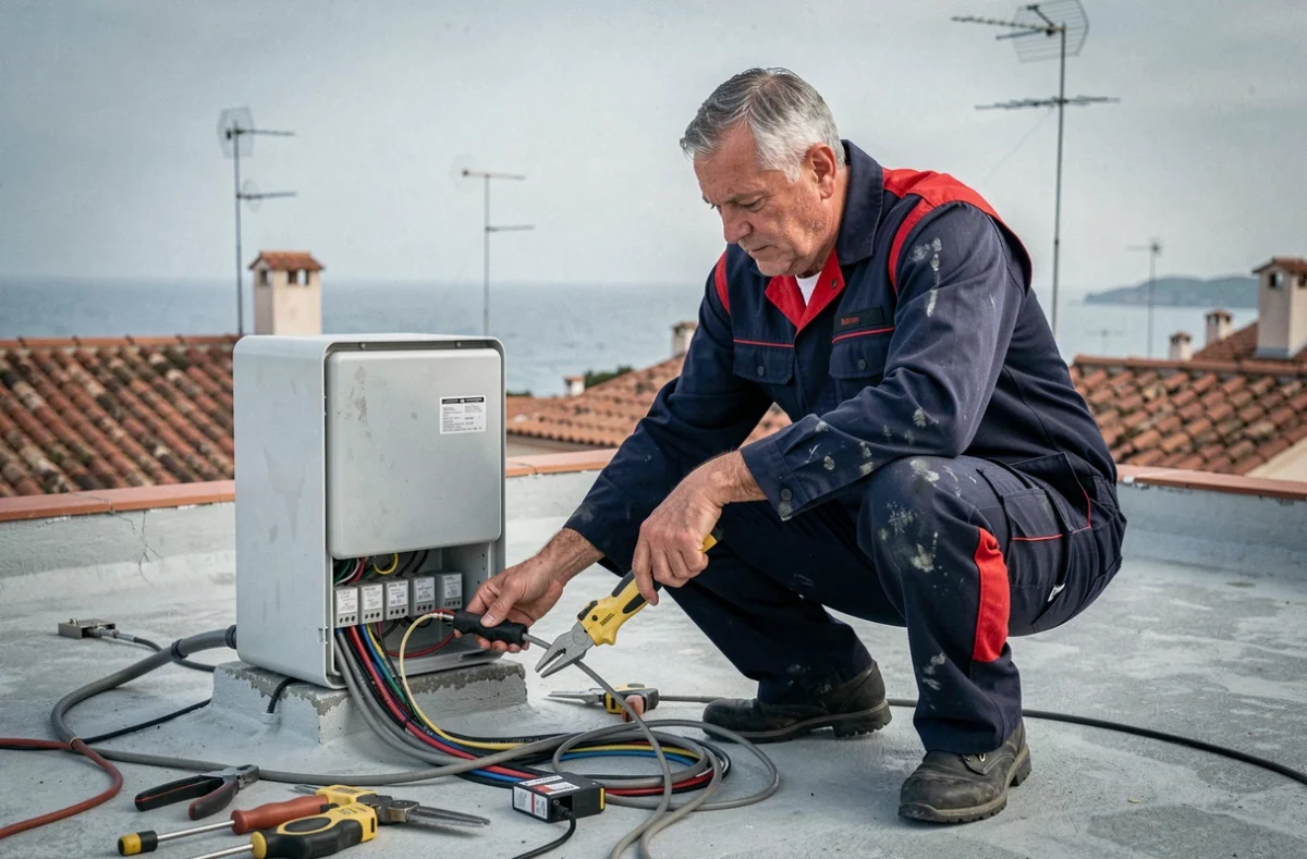 Électricien d'Ardelec raccordant un boîtier électrique étanche sur une terrasse de toit à Antibes