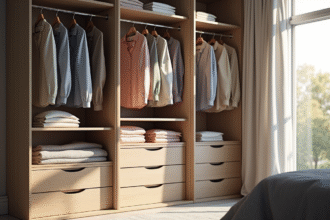 Armoire moderne bien organisée avec vêtements pliés et chemises sur cintres