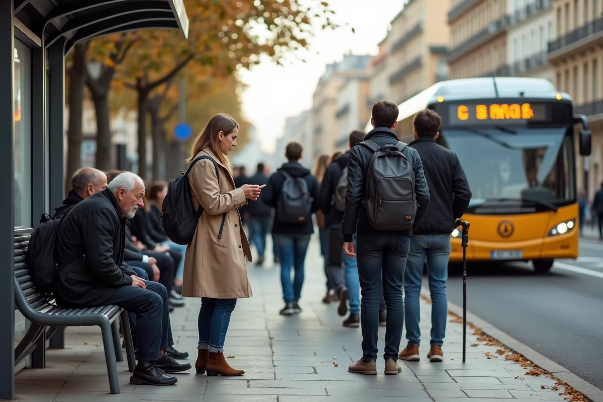 File d'attente à un arrêt de bus RTM à Marseille avec des habitants de tous âges