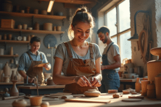 Femme artisan travaillant dans un atelier ensoleille