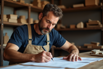 Artisan moyenâgeux remplissant des papiers dans son atelier