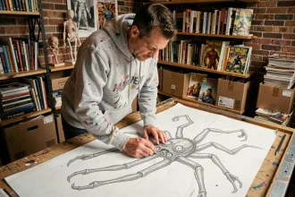 Artiste de comics dessinant les premières esquisses du Man Spider, créature hybride homme-araignée, dans un studio de Brooklyn encombré de références