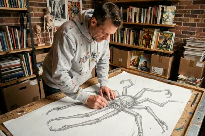 Artiste de comics dessinant les premières esquisses du Man Spider, créature hybride homme-araignée, dans un studio de Brooklyn encombré de références