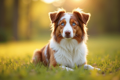 Chien berger australien rouge en plein air ensoleille dans un champ