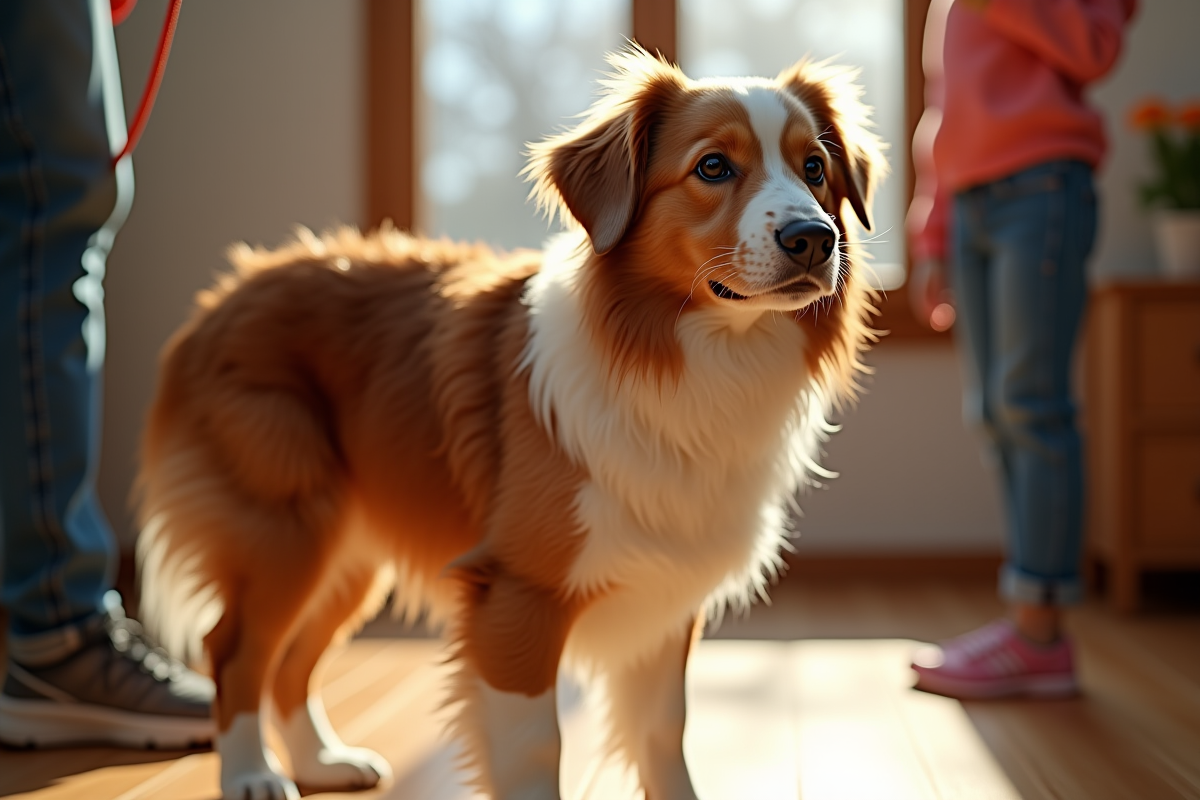 Chien berger australien rouge avec un enfant dans une maison chaleureuse