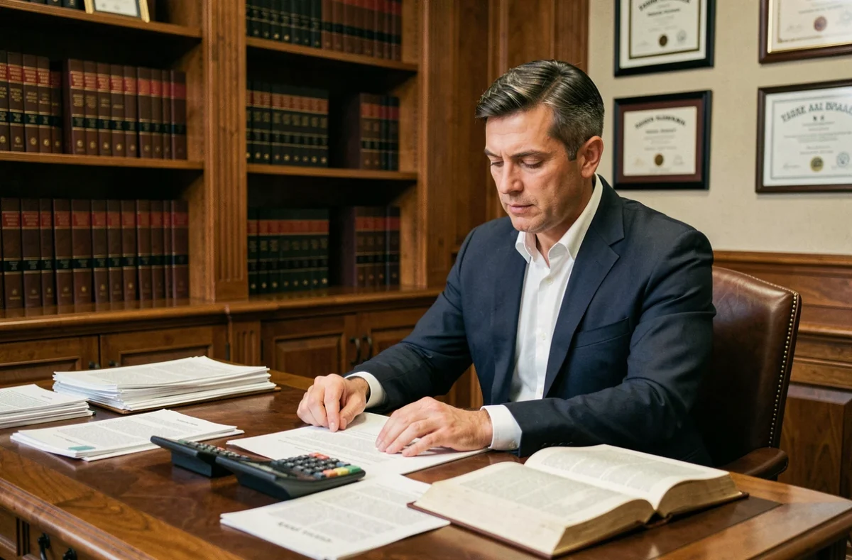 Avocat spécialisé en droit pénal examinant des documents de remise de peine dans son cabinet juridique