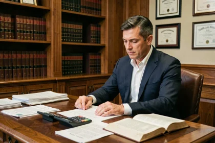 Avocat spécialisé en droit pénal examinant des documents de remise de peine dans son cabinet juridique