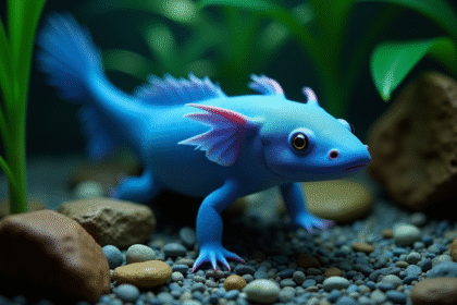Axolotl bleu nageant dans un aquarium lumineux