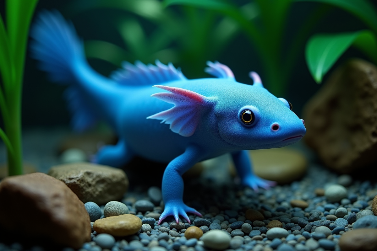Axolotl bleu nageant dans un aquarium lumineux