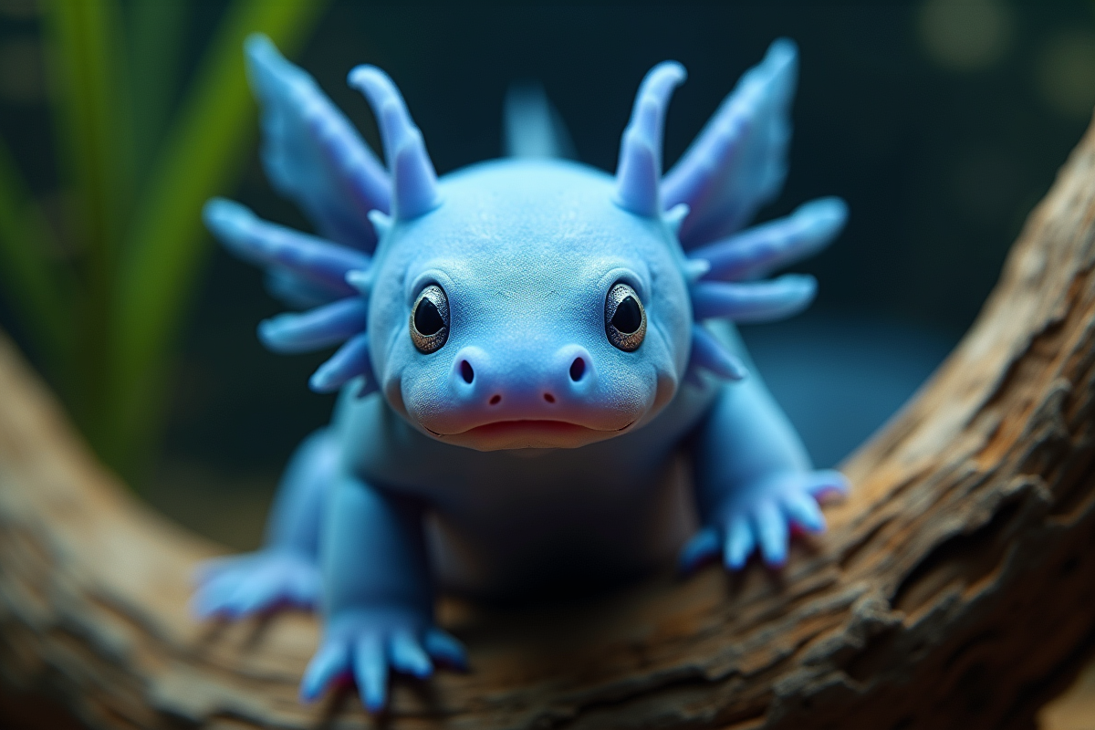 Gros plan sur la tête d’un axolotl bleu près d’un bois flotté