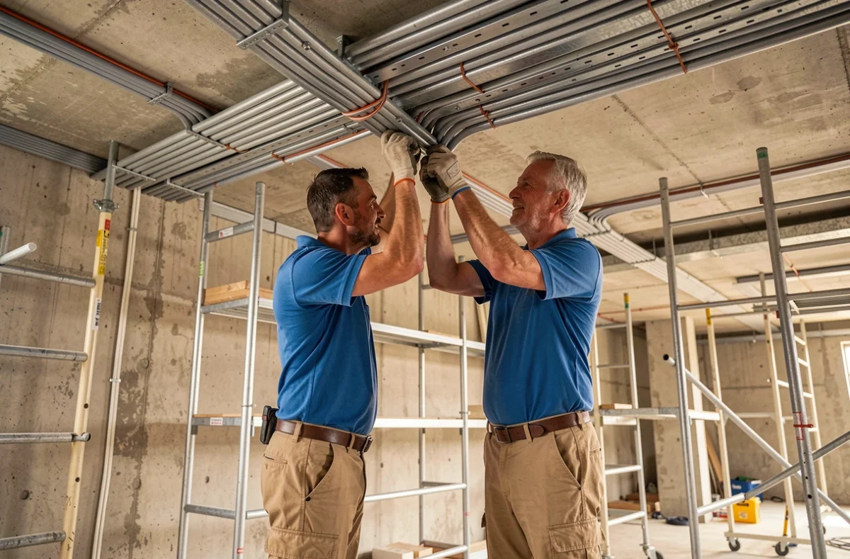 Deux électriciens de Bauchiere Coulet installant des chemins de câbles dans un bâtiment commercial en construction