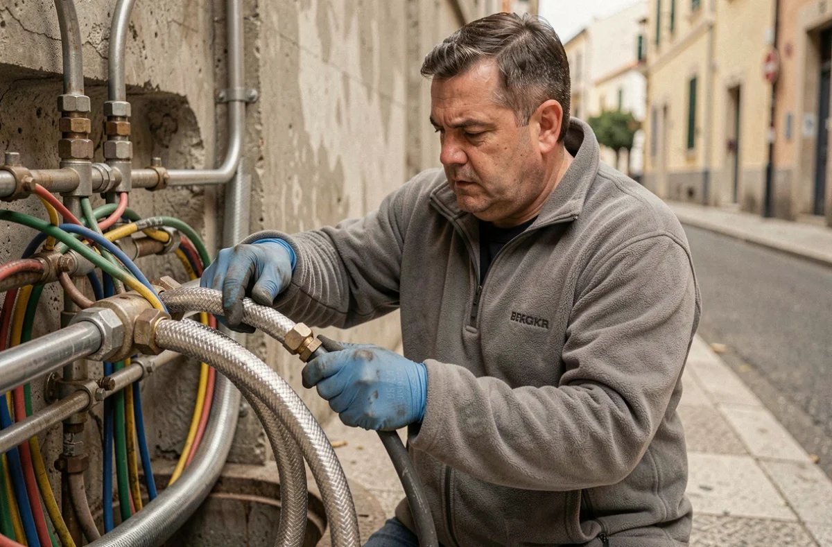 Électricien de Bernard Elec travaillant sur une jonction de câbles blindés dans une chambre souterraine à Nice