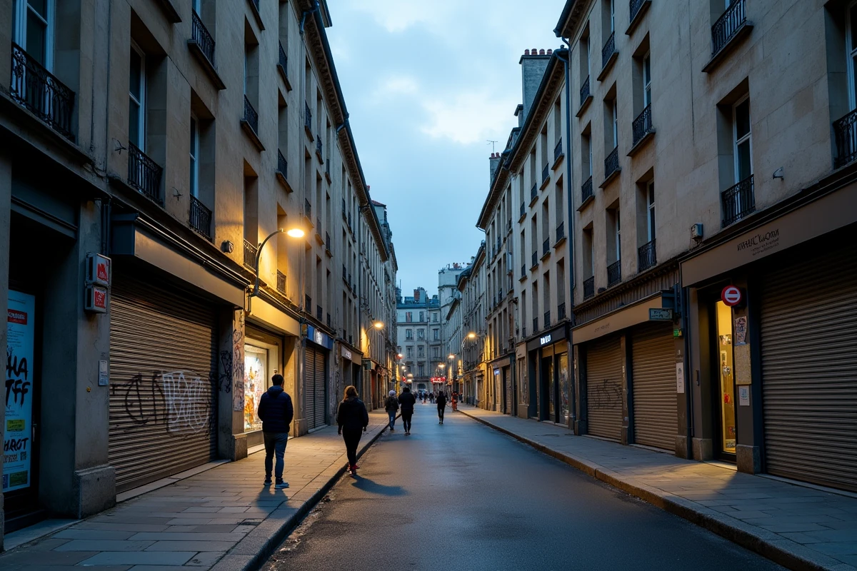 Quartier périphérique de Bordeaux au crépuscule montrant le contraste entre façades haussmanniennes et cités HLM dégradées