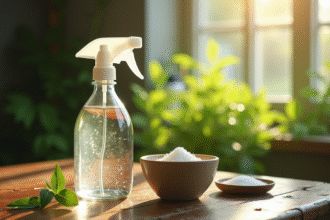 Bouteille de spray avec remède maison contre les mauvaises herbes sur une table en bois