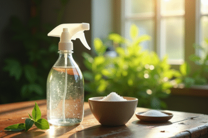 Bouteille de spray avec remède maison contre les mauvaises herbes sur une table en bois