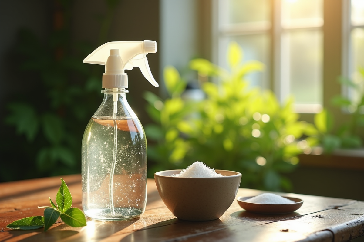 Bouteille de spray avec remède maison contre les mauvaises herbes sur une table en bois