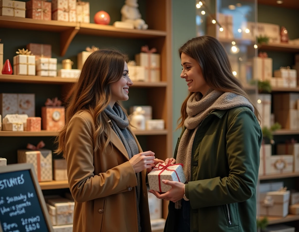 Deux femmes faisant du shopping dans une boutique ouverte le dimanche avant Noël avec des horaires étendus affichés
