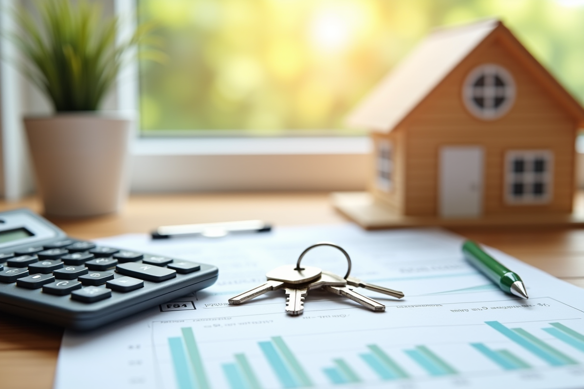 Calculatrice clés et documents sur un bureau lumineux pour achat immobilier