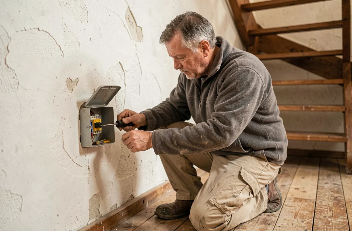 Artisan électricien indépendant Bugnet Didier travaillant sur une boîte de dérivation dans une maison traditionnelle