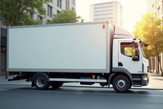 Camion blanc de livraison de 11 m3 dans une rue urbaine ensoleillee