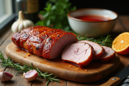 Poitrine de canard tranchée sur planche en bois avec ail et orange