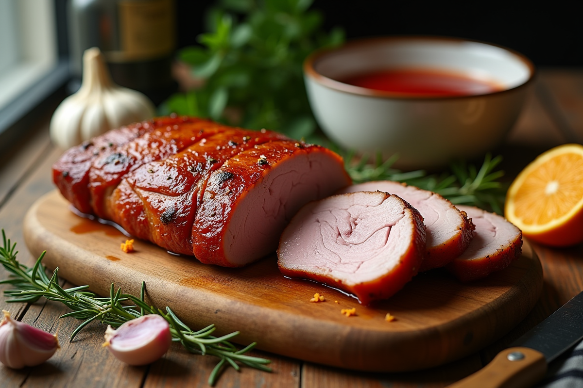 Poitrine de canard tranchée sur planche en bois avec ail et orange