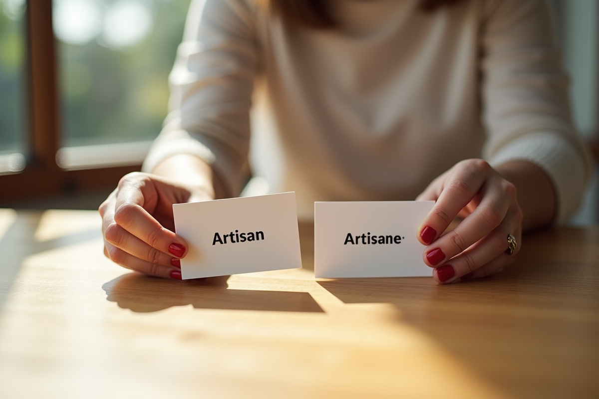 Deux cartes de visite artisan et artisane sur une table en bois