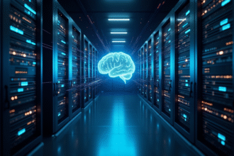 Centre de données futuriste avec cerveau holographique et lumières LED