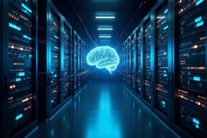Centre de données futuriste avec cerveau holographique et lumières LED