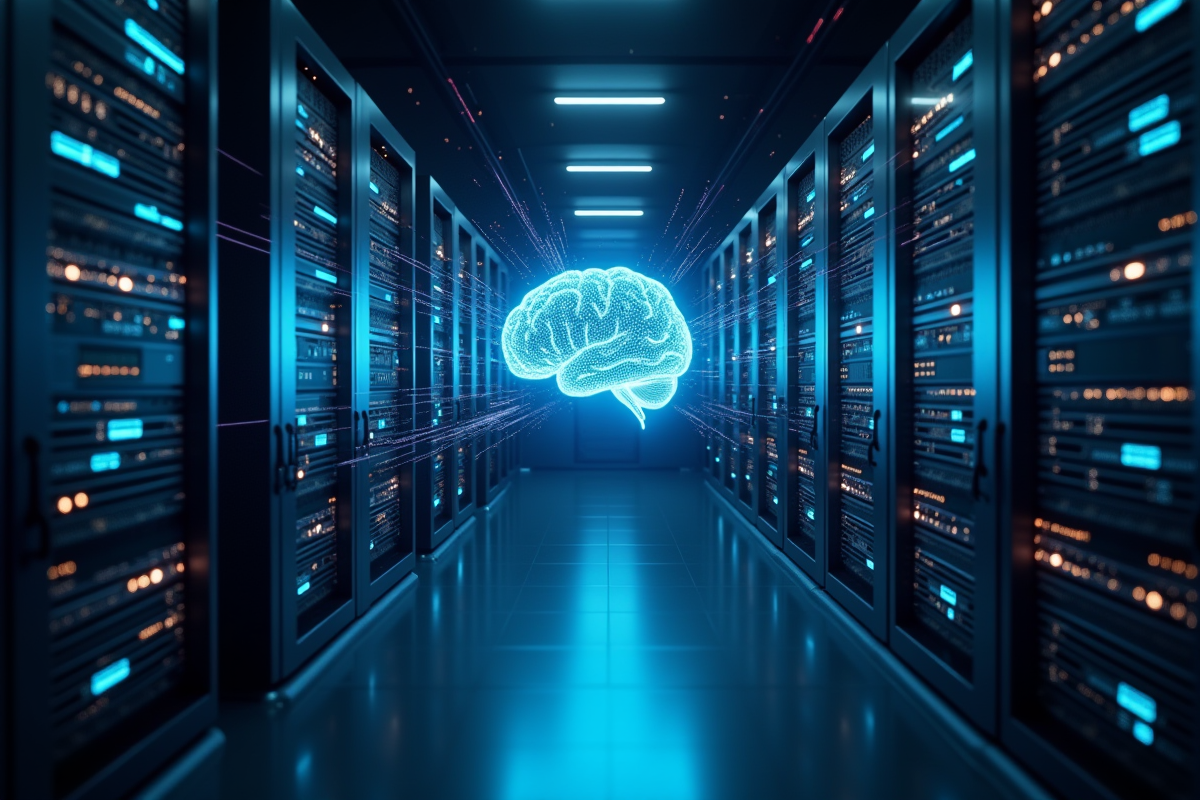 Centre de données futuriste avec cerveau holographique et lumières LED