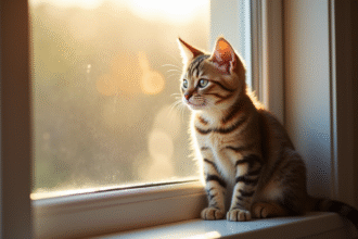 Jeune chat curieux sur la fenêtre ensoleillée