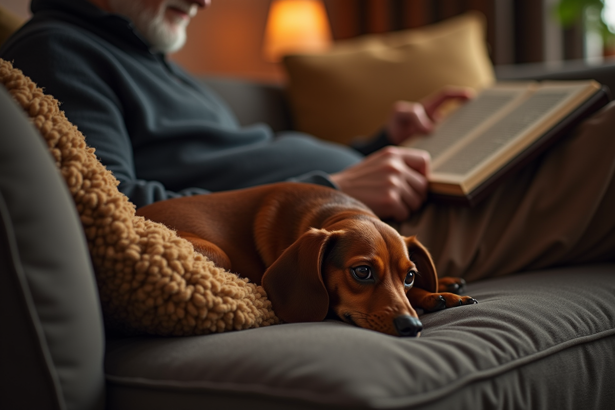 Chien dachshund couché sur un sofa avec un homme âgé lisant